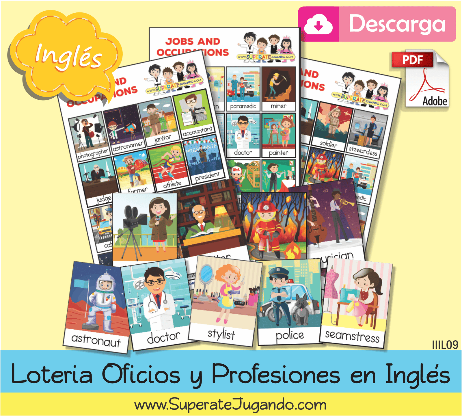 🎧 Audio 🇬🇧 Lotería de Jobs & Occupations en Inglés – Aprende Vocabulario con Audio