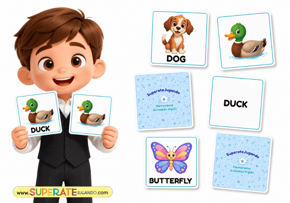 Memorama de animales en inglés con tarjetas de imagen y palabra