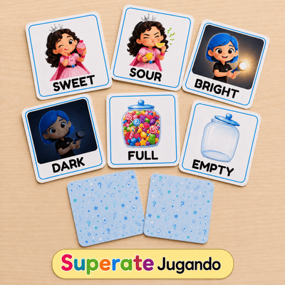 Tarjetas del memorama de adjetivos en inglés con ejemplos como sweet, sour, bright, dark, full y empty