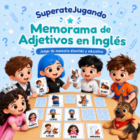 Portada del Memorama de Adjetivos en Inglés con niños jugando alrededor de las tarjetas