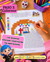 Alumno coloreando un Pixel Día de Muertos después de resolver ejercicios de sumas y restas.