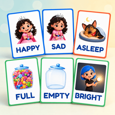 Flashcards ilustradas de adjetivos opuestos en inglés para imprimir