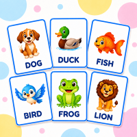 Flashcards de animales en inglés con las tarjetas de dog, duck, fish, bird, frog y lion