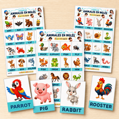 Cartas y tableros imprimibles de la Lotería de Animales en Inglés.