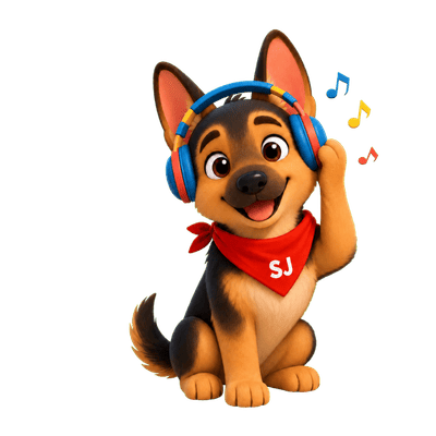 Chop con audífonos listo para escuchar animales en inglés